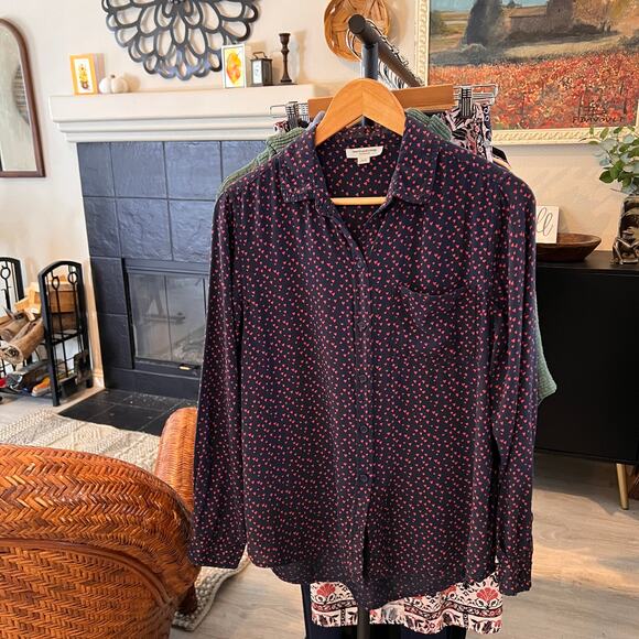 Beach Lunch Lounge Top Womens Size Medium Navy & Red Tiny Heart Print Buttons - Picture 16 of 16